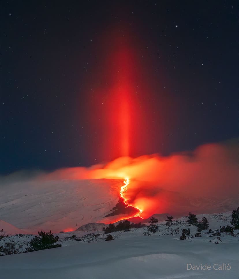 Light Pillar over Erupting Etna